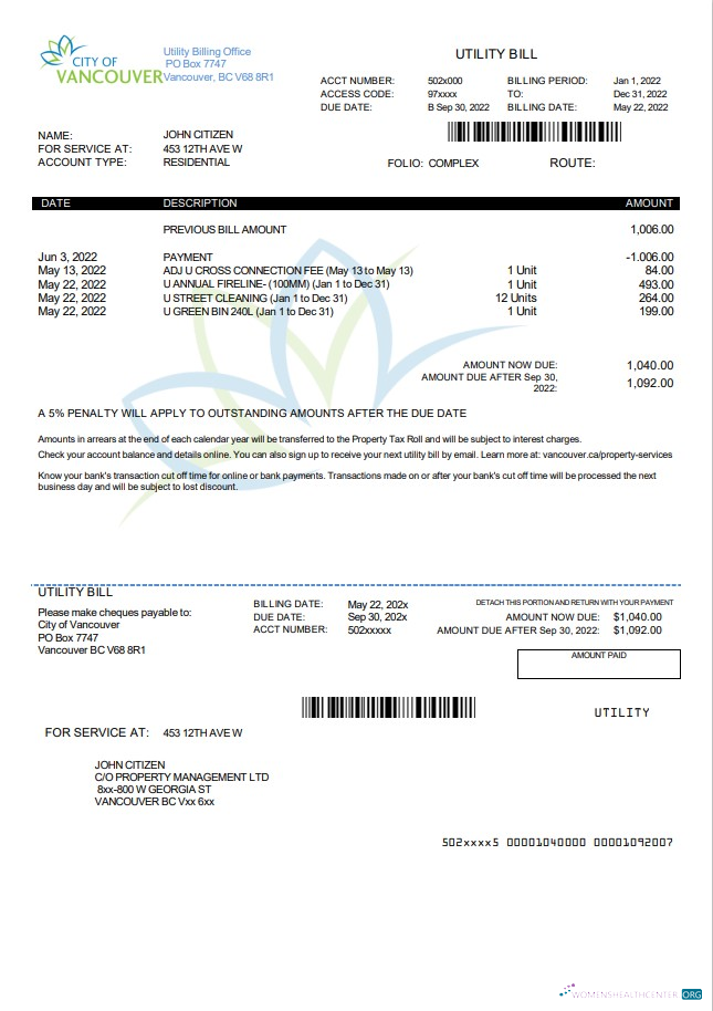 download Canada British Columbia City of Vancouver utility bill template in Word and PDF format PDF template
